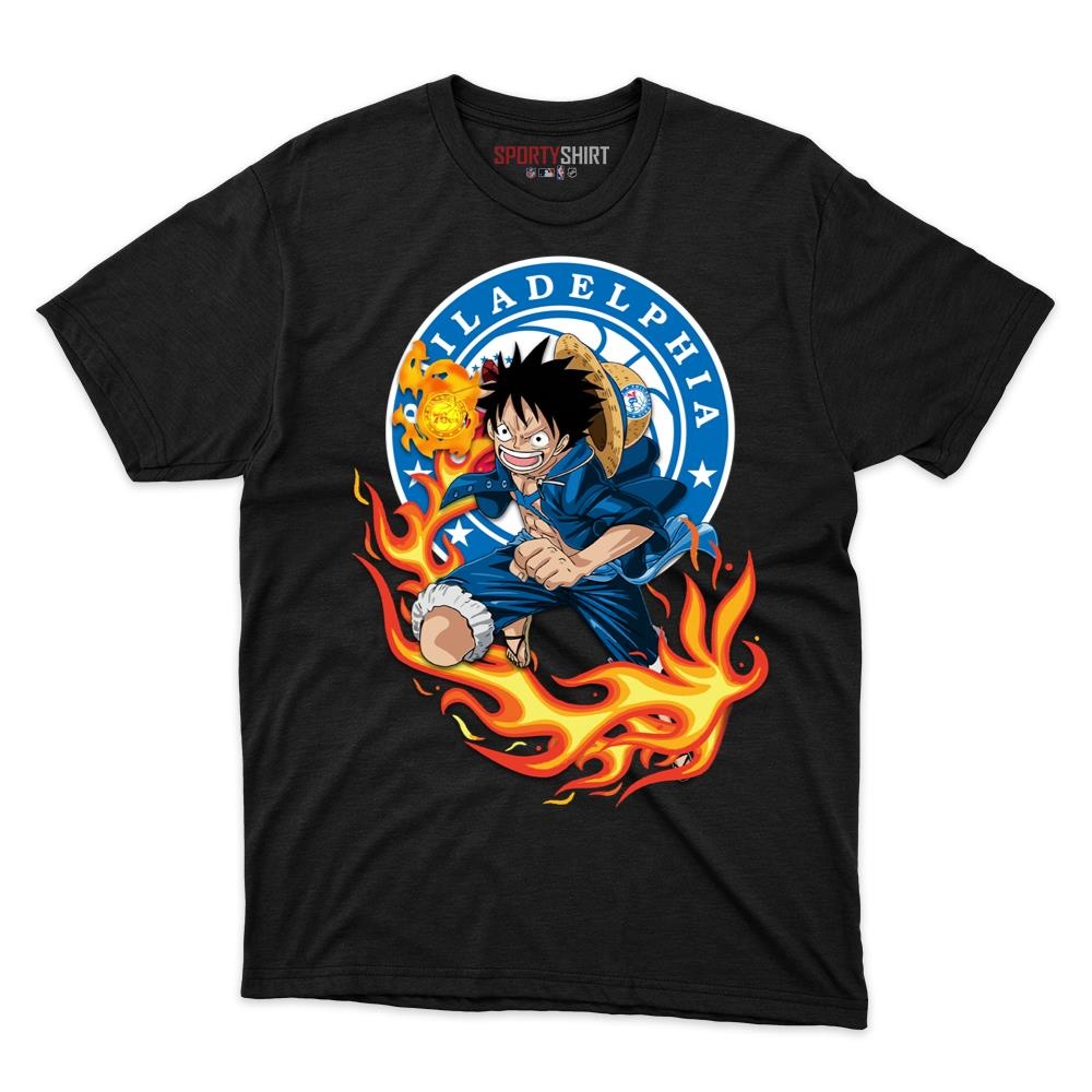 Philadelphia 76ers Luffy One Piece Unisex Cotton Graphic Tee, Anime Pirate Fan Game Day Shirt