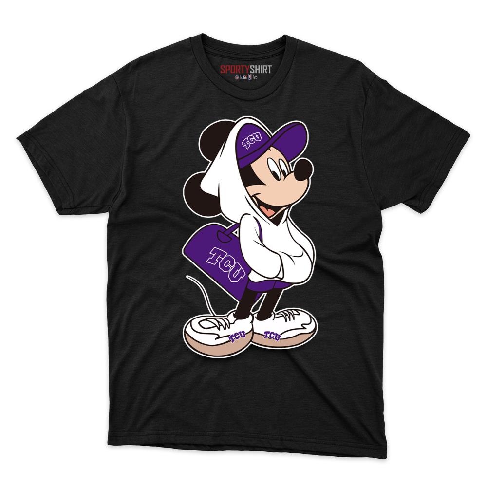 TCU Horned Frogs Mickey Mouse Unisex Cotton Graphic Tee, Disney Cartoon Crossover Shirt, Game Day Gift