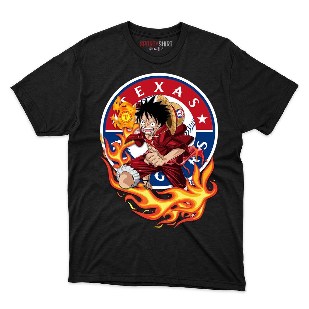 Texas Rangers Luffy One Piece Unisex Cotton Graphic Tee, Anime Crossover Shirt, Game Day Fan Gift