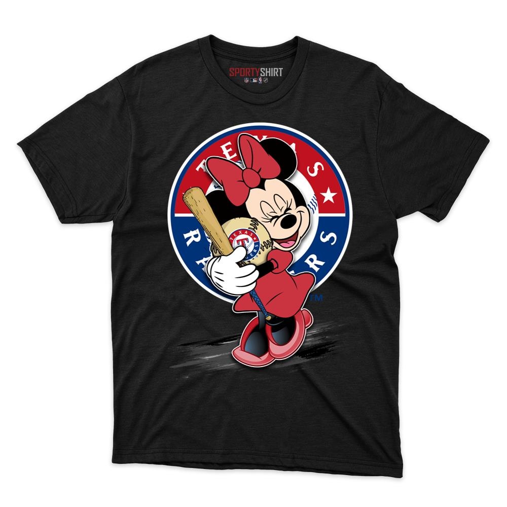 Texas Rangers Minnie Mouse Unisex Cotton Graphic Tee, Disney Cartoon Crossover Shirt, Game Day Fan Gift