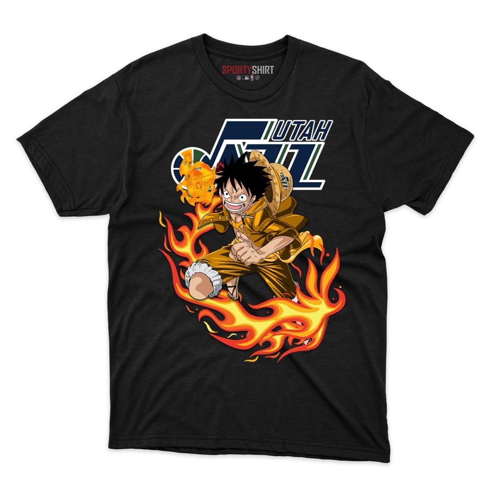 Utah Jazz Luffy Straw Hat One Piece Shirt, Unisex Cotton Anime Pirate Graphic Tee for Basketball Fans