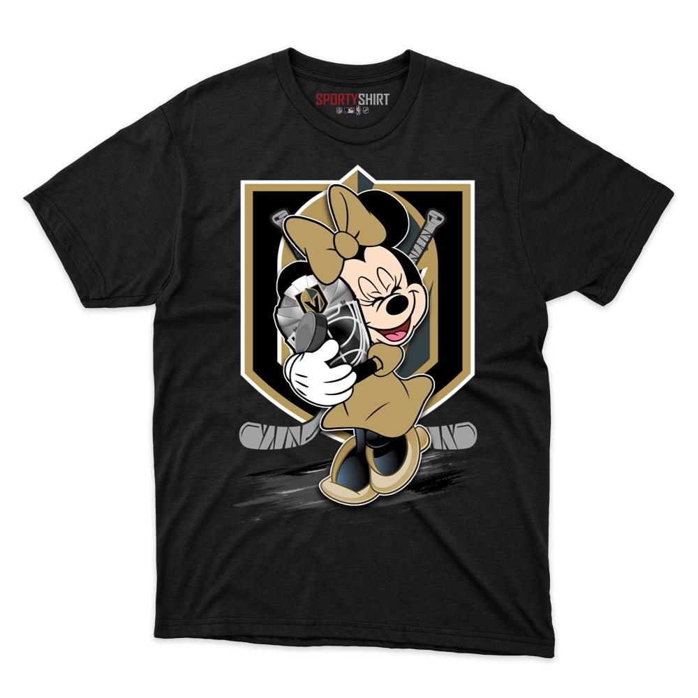 Vegas Golden Knights Minnie Mouse Unisex Cotton Tee, Disney Cartoon Bow Graphic Shirt, Game Day Fan Gift